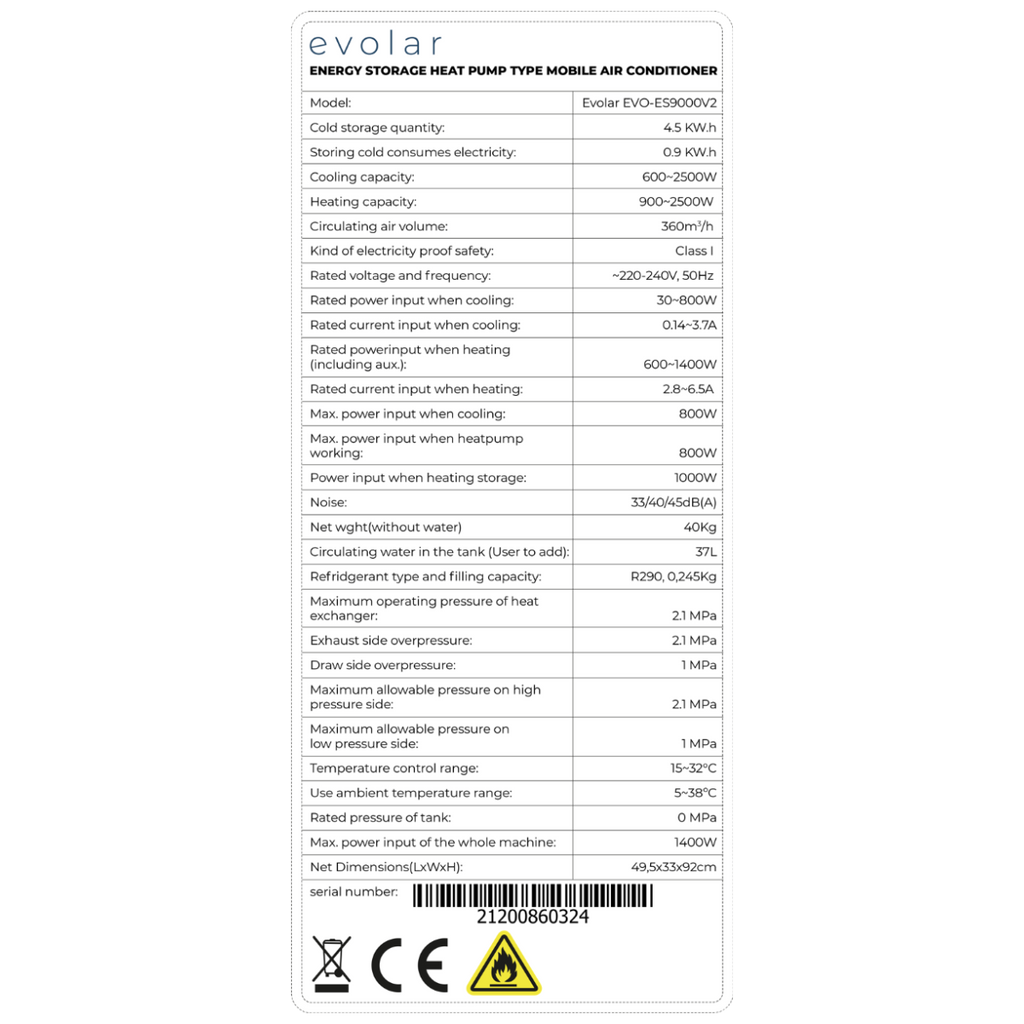 Evolar EVO-ES9000 Mobiele Airco Zonder afvoerslang