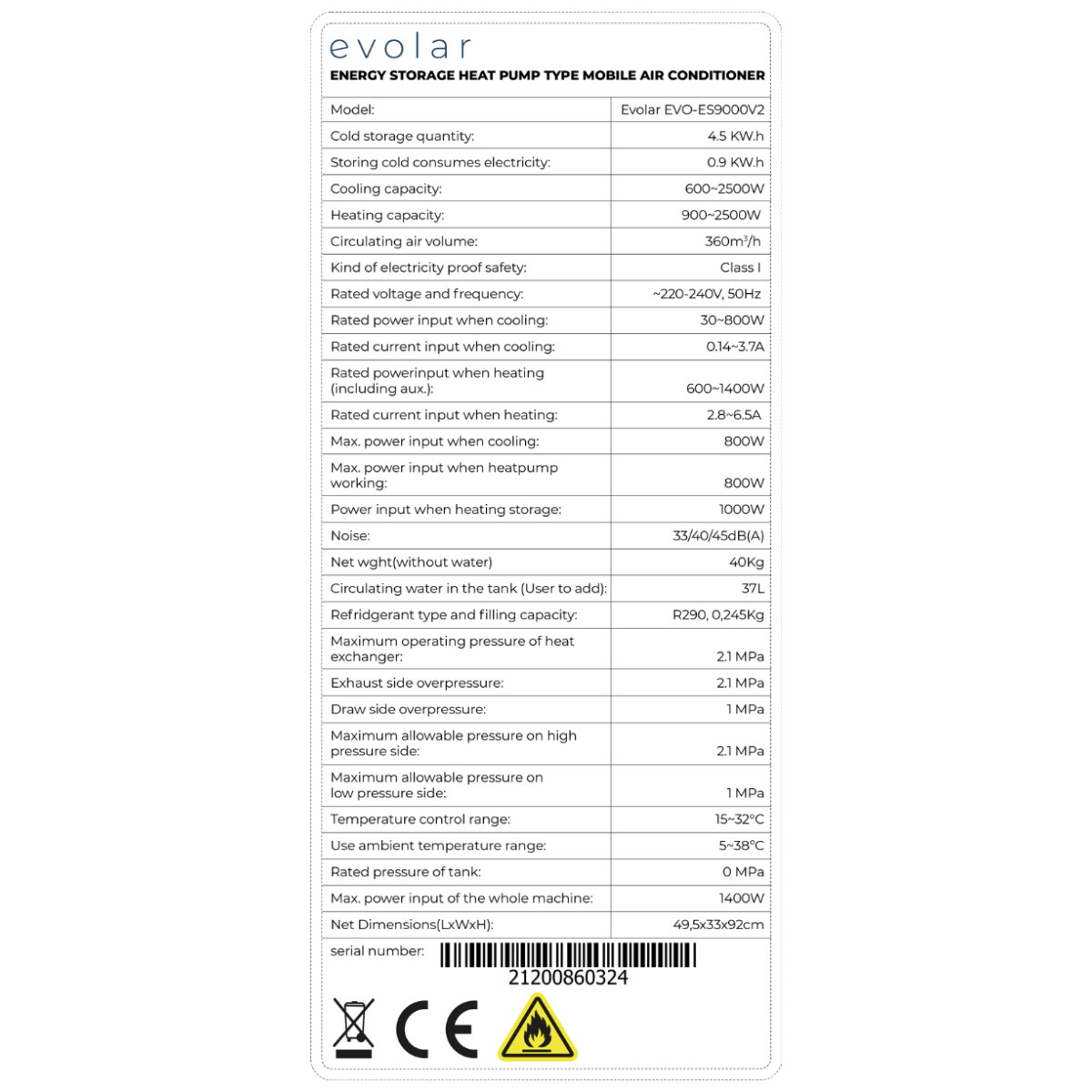 Evolar EVO-ES9000 Mobiele Airco Zonder afvoerslang